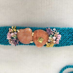 Vintage blue corded rope belt with seashells on front adjustable boho beach wear